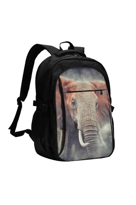 Elephant in Smoke Print Travel Laptop Backpack, Laptops Backpack with USB Charging Port, Water Resistant Computer Bag Gift for Men & Women