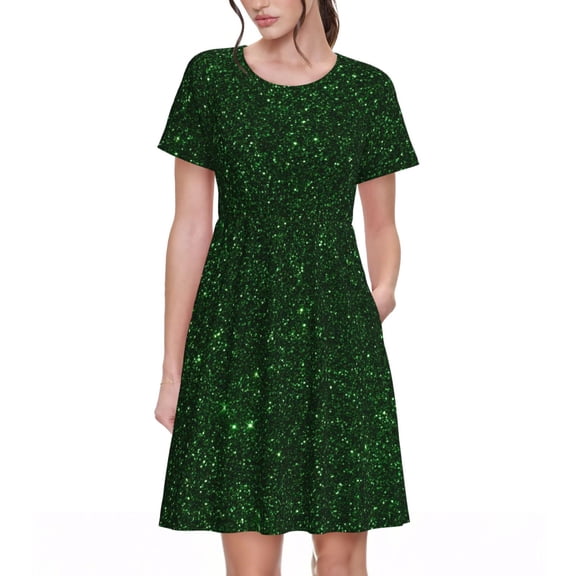 Vsdgher Emerald Green Sparkling for Womens Summer 2025 Casual Midi Maxi Dresses Lightweight Short Sleeve Round Neck Beach Dress -X-Large