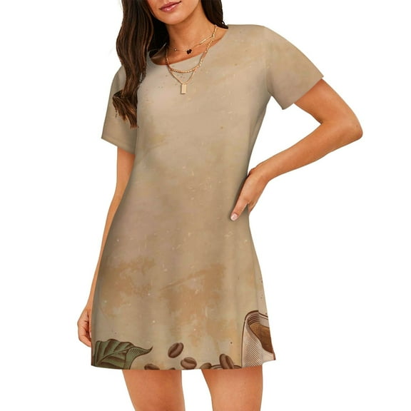 Vsdgher Engraved Coffee On Kraft Paper Pattern Womens Short Sleeve Sleepshirt Scoopneck Cute Nightdress Ruffle Comfy Nightgown