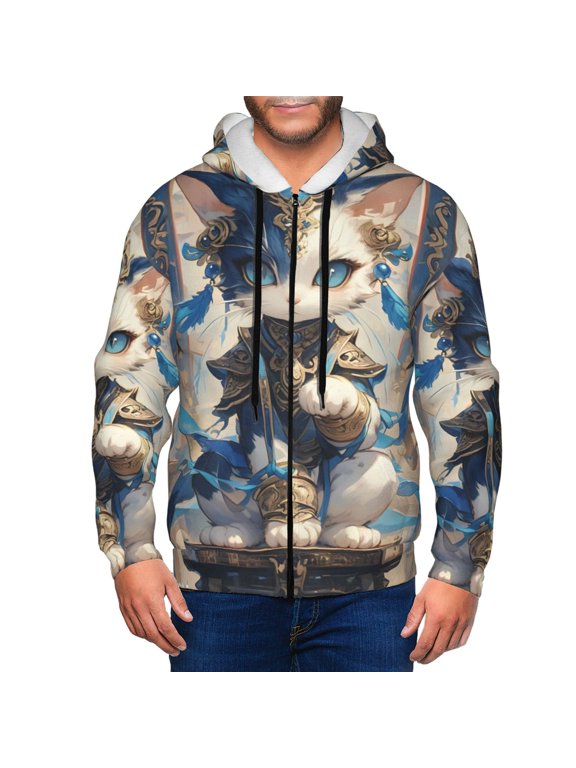 Exotic Blue Cat Mens Hoodies Zip Hoodie, Hoodies for Men, Zip-up Hooded Sweatshirt-Large