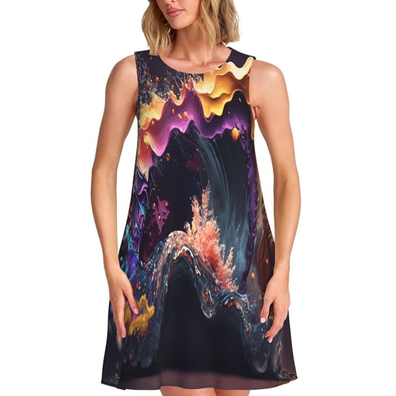 Vsdgher Explosive Fluid Splash Art Print Summer Dresses for Women Casual U Neck Beach Dress Sleeveless Tank Loose Sundress with Pocket -Medium