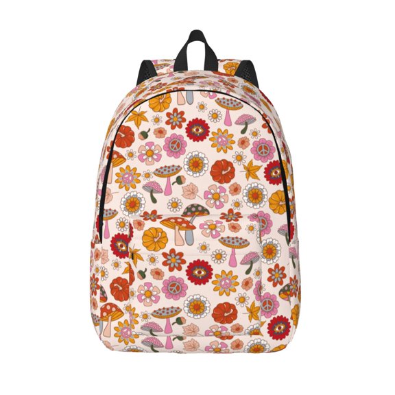 Vsdgher Fall 70s Groovy Hippie Print Canvas Backpack Travel Rucksack Unisex Knapsack 15.7/17.7Inch Laptop Backpack for Work,College -Small