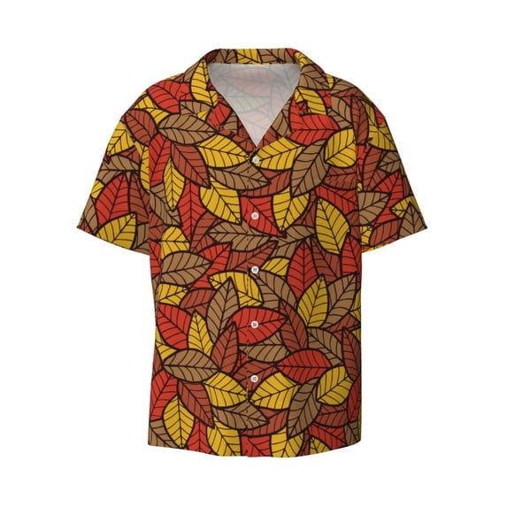 Vsdgher Fall Leaves Print Men's Wrinkle Free Untucked Cuban Shirt Business Casual Button Down Shirts Short Sleeve Shirt