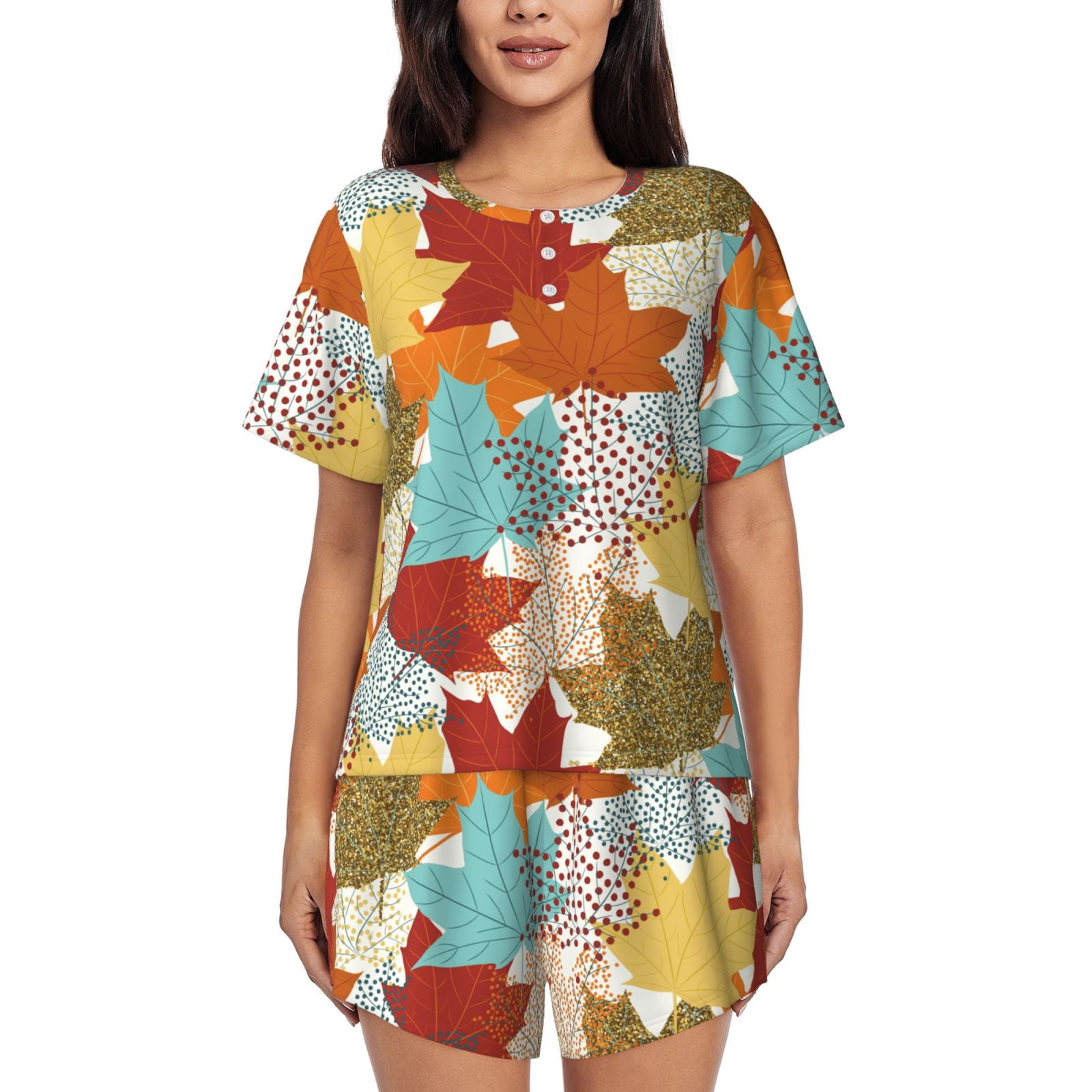 Vsdgher Fall Maple Leaves Pattern Womens Pajamas 2 Piece Short Sleeve ...