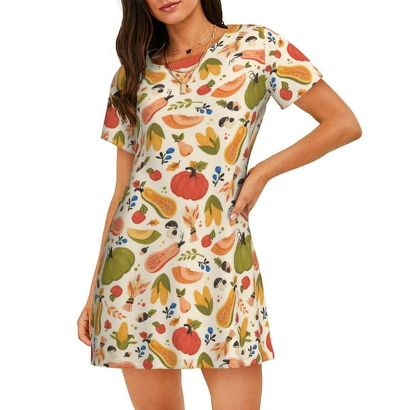 Vsdgher Fall Pumpkin Pattern Womens Short Sleeve Sleepshirt Scoopneck Cute Nightdress Ruffle Comfy Nightgown