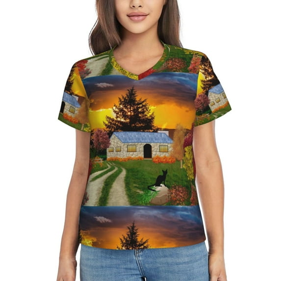 Vsdgher Fall Village Scenery Women Shirts V Neck Short Sleeve Tops T-Shirt Basic Tees, S to 3XLXX-Large