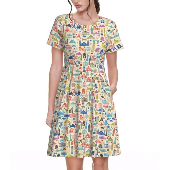 Vsdgher Famous Places for Womens Summer 2025 Casual Midi Maxi Dresses Lightweight Short Sleeve Round Neck Beach Dress -Medium