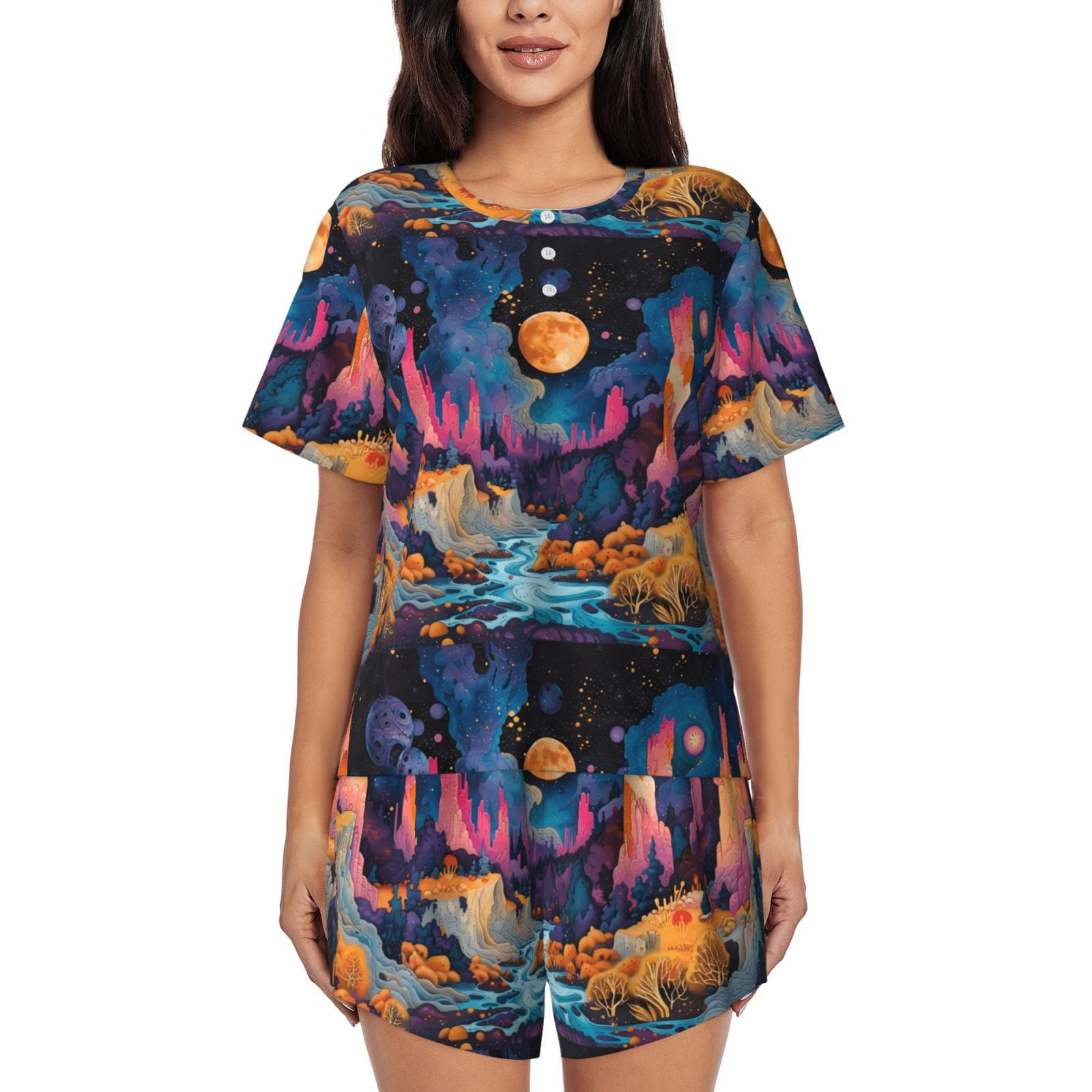 Vsdgher Fantasy Cosmic Landscape Pattern Womens Pajamas 2 Piece Short ...