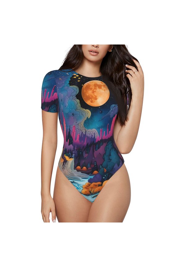 Fantasy Cosmic Landscape Prinr Short Sleeve Body suit for Womens, Sexy Onesie One Piece Round Neck Bodysuit Shapewear Tummy Control-Large