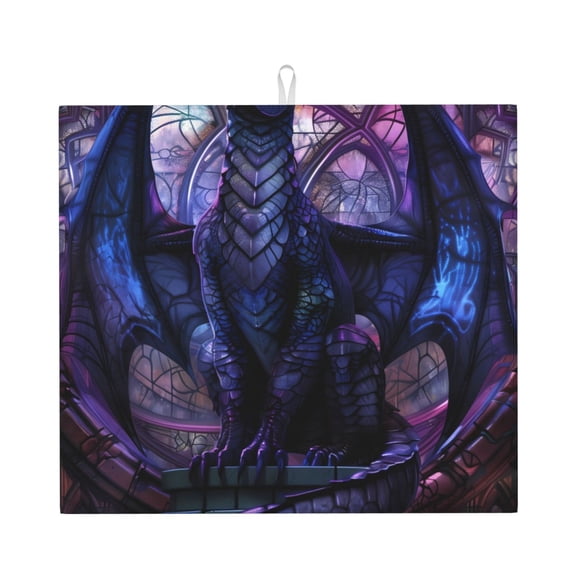 Vsdgher Fantasy Dragon In Cathedral Print Dish Drying Mat, Kitchen Counter Mat, Dish Drying Pad for Dishes, Utensils, Pots and Pans,16" x 18"