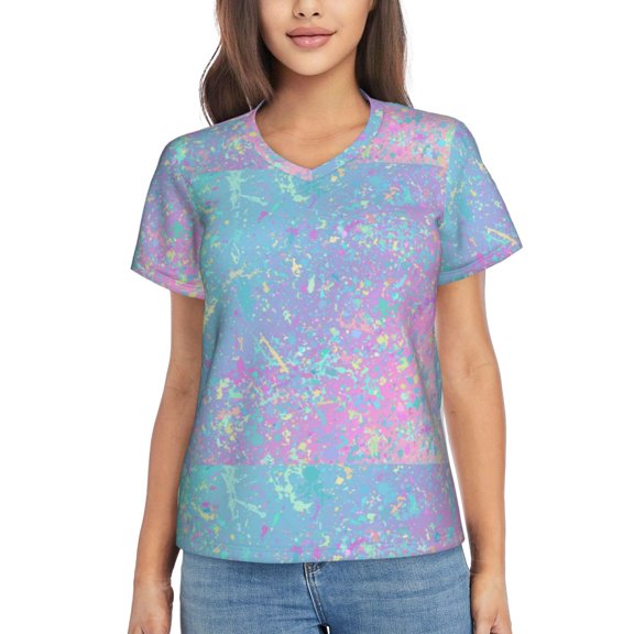 Vsdgher Fantasy Gradient Women Shirts V Neck Short Sleeve Tops T-Shirt Basic Tees, S to 3XLXX-Large