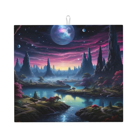 Vsdgher Fantasy Landscape Starry Night Print Dish Drying Mat, Kitchen Counter Mat, Dish Drying Pad for Dishes, Utensils, Pots and Pans,16" x 18"