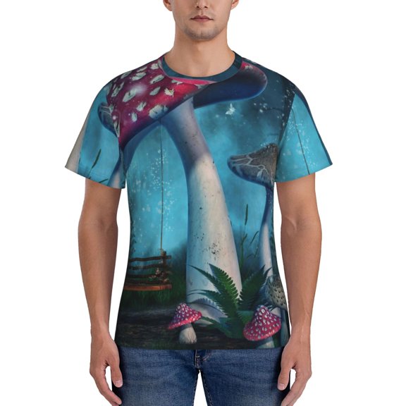 Vsdgher Fantasy Mushrooms Print Men's Dry Fit Mesh Athletic Shirts Moisture Wicking Tennis T-Shirt Tops
