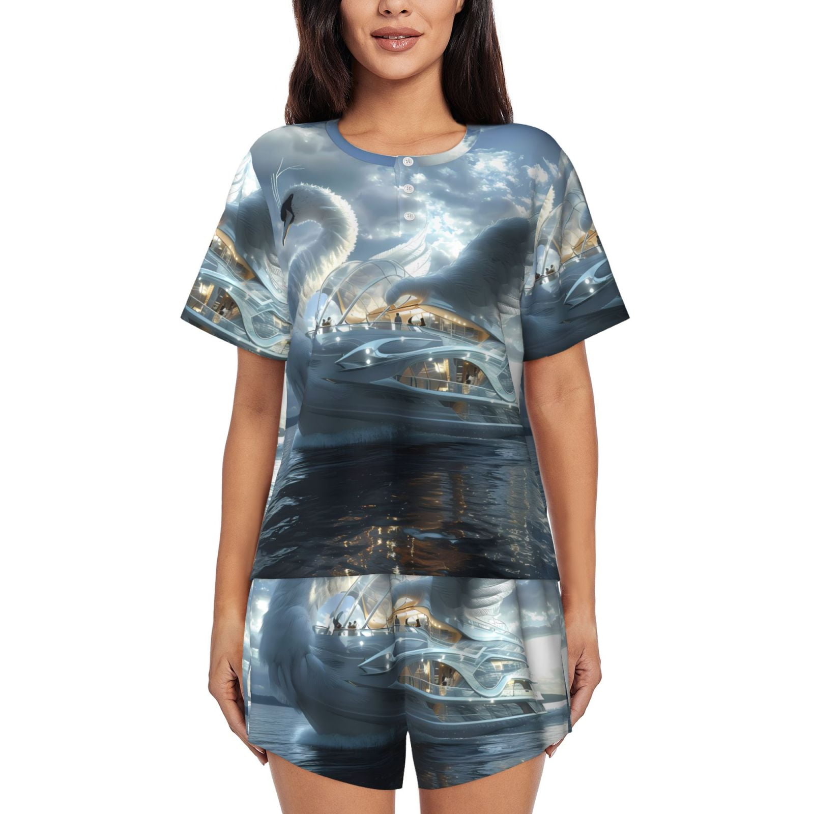 Vsdgher Fantasy Swan Yacht Design Pattern Womens Pajamas 2 Piece Short ...