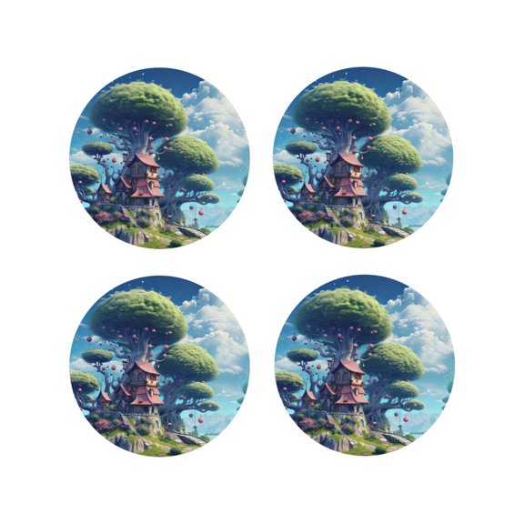Vsdgher Fantasy Treehouse Planet Scene Leather Coasters for Drinks, Durable Drink Coasters 4 Set for Tabletop Protection, Luxurious Home Décor and Housewarming Gift-Round Shape