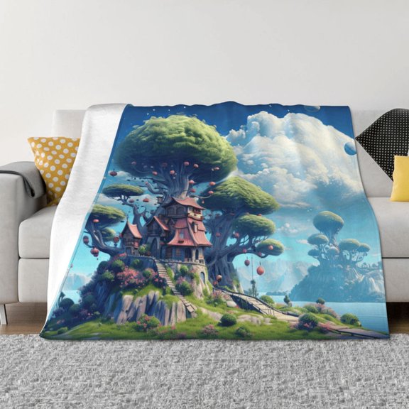 Vsdgher Fantasy Treehouse Planet Scene Pattern Fleece Throw Blanket, Horizontal Fleece Bedding Home Decor for Couch & Bed All Season Use -80"x60"