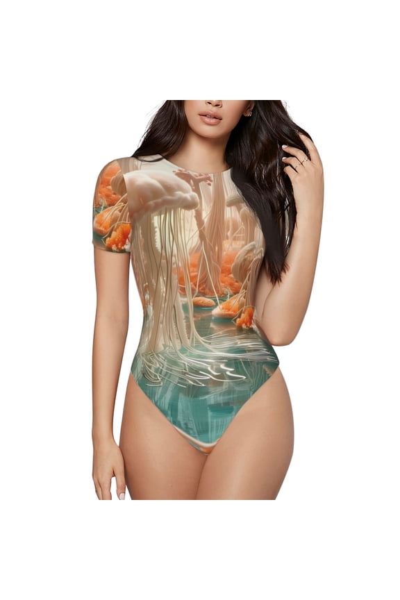 Fantasy Underwater Jellyfish Prinr Short Sleeve Body suit for Womens, Sexy Onesie One Piece Round Neck Bodysuit Shapewear Tummy Control-X-Large