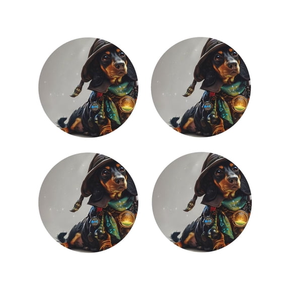 Vsdgher Fantasy Wizard Dog Art Leather Coasters for Drinks, Durable Drink Coasters 4 Set for Tabletop Protection, Luxurious Home Décor and Housewarming Gift-Round Shape