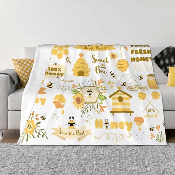 Vsdgher Farm Bee Cute Honey Pattern Fleece Throw Blanket, Horizontal Fleece Bedding Home Decor for Couch & Bed All Season Use -50"x40"