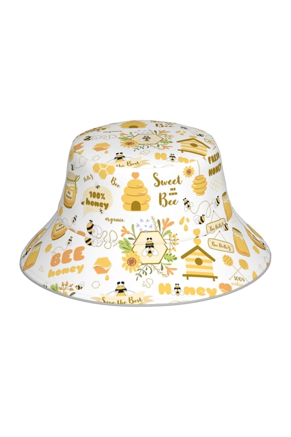 Farm Bee Cute Honey Print Bucket Hat for Men&Women Bucket Hat Reversible Summer Double-Side-Wear Travel Gardening, Beach, Camping, Hiking, Fishing Cap