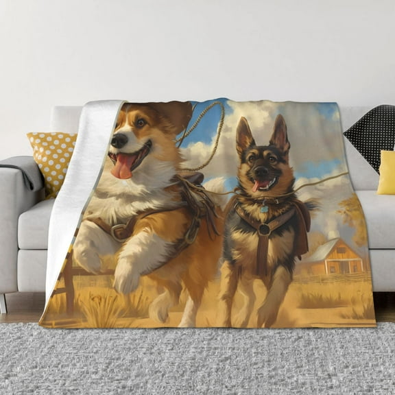 Vsdgher Farm Corgi German Shepherd Pattern Fleece Throw Blanket, Horizontal Fleece Bedding Home Decor for Couch & Bed All Season Use -40"x30"