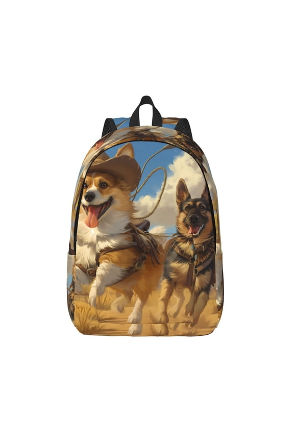 Farm Corgi German Shepherd Print Canvas Backpack Travel Rucksack Unisex Knapsack 15.7/17.7Inch Laptop Backpack for Work,College -Medium