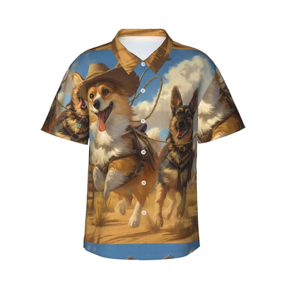 Vsdgher Farm Corgi German Shepherd Print Men's Hawaiian Shirts Button Down Tropical Holiday Beach Shirts Vacation Clothes,X-Large