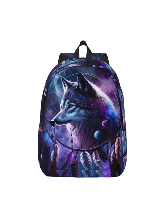 Feathered Wolf Print Canvas Backpack Travel Rucksack Unisex Knapsack 15.7/17.7Inch Laptop Backpack for Work,College -Small