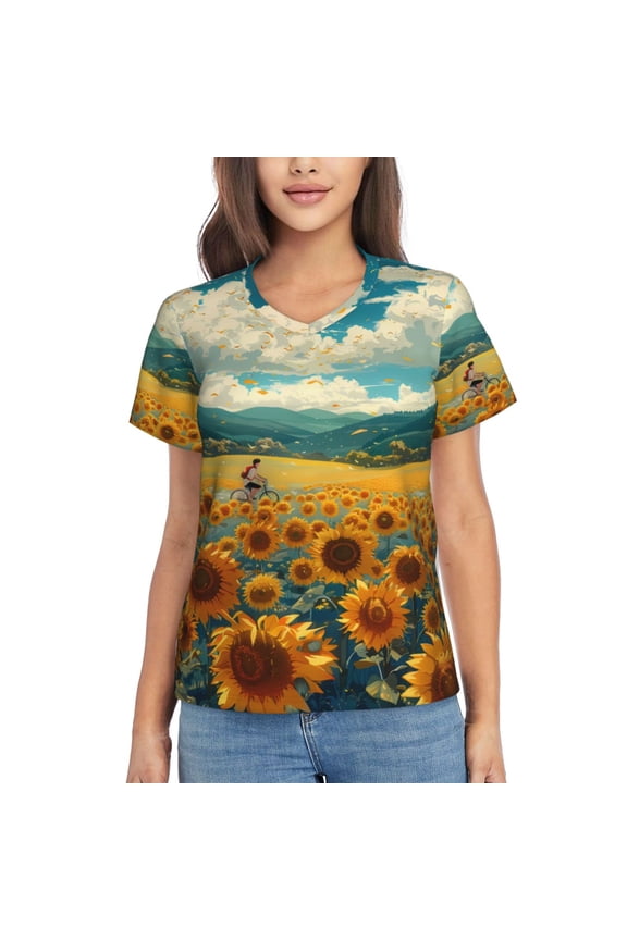 Field Style Bicycle Young Sunflower Women Shirts V Neck Short Sleeve Tops T-Shirt Basic Tees, S to 3XLLarge
