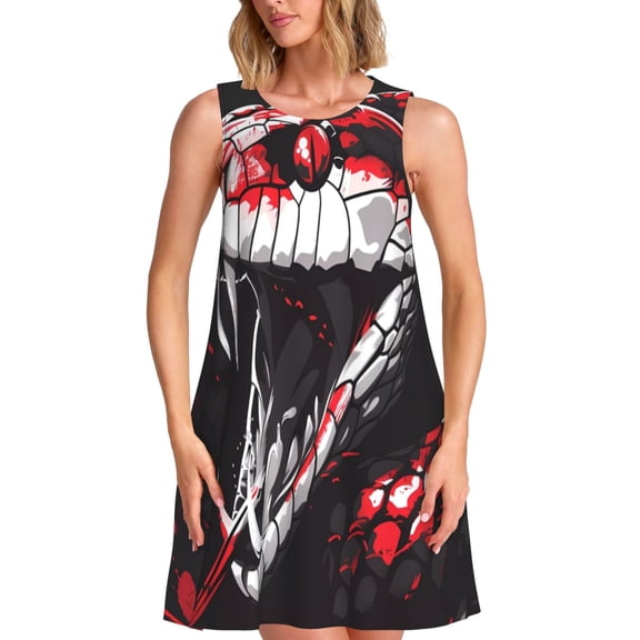 Vsdgher Fierce Red Viper Graphic Art Print Summer Dresses for Women Casual U Neck Beach Dress Sleeveless Tank Loose Sundress with Pocket -Large