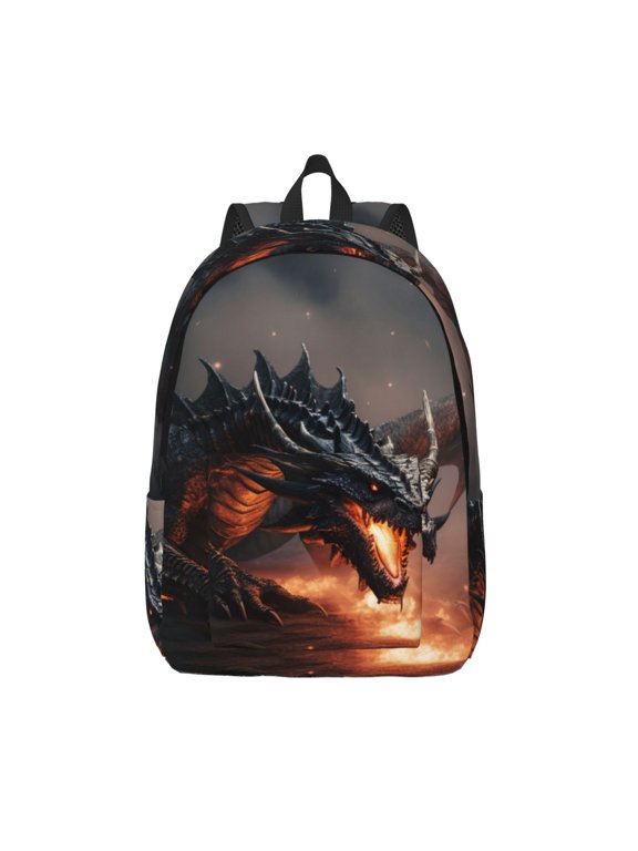 Fiery Black Dragon Attack Print Canvas Backpack Travel Rucksack Unisex Knapsack 15.7/17.7Inch Laptop Backpack for Work,College -Small
