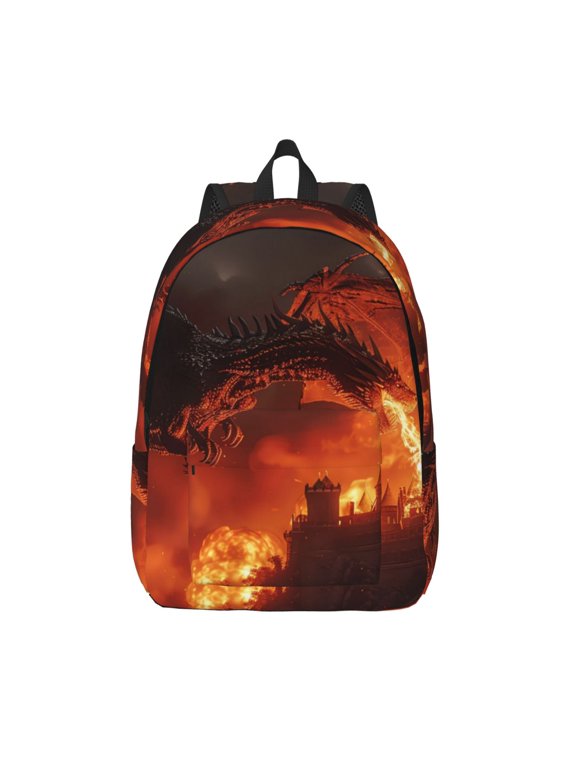 Fiery Dragons Castle Attack Print Canvas Backpack Travel Rucksack Unisex Knapsack 15.7/17.7Inch Laptop Backpack for Work,College -Small