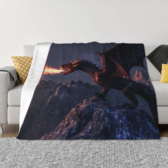 Vsdgher Fire Breathing Dragon Twilight Pattern Fleece Throw Blanket, Horizontal Fleece Bedding Home Decor for Couch & Bed All Season Use -60"x50"