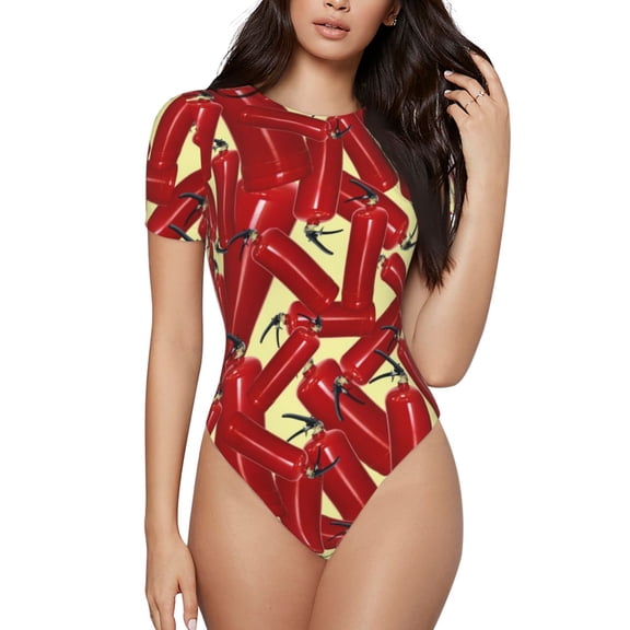 Vsdgher Fire Extinguisher Prinr Short Sleeve Body suit for Womens, Sexy Onesie One Piece Round Neck Bodysuit Shapewear Tummy Control-Large