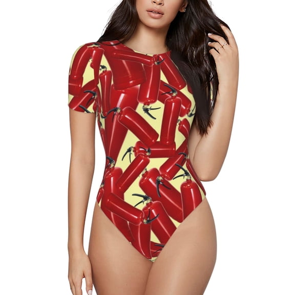 Vsdgher Fire Extinguisher Prinr Short Sleeve Body suit for Womens, Sexy Onesie One Piece Round Neck Bodysuit Shapewear Tummy Control-X-Large