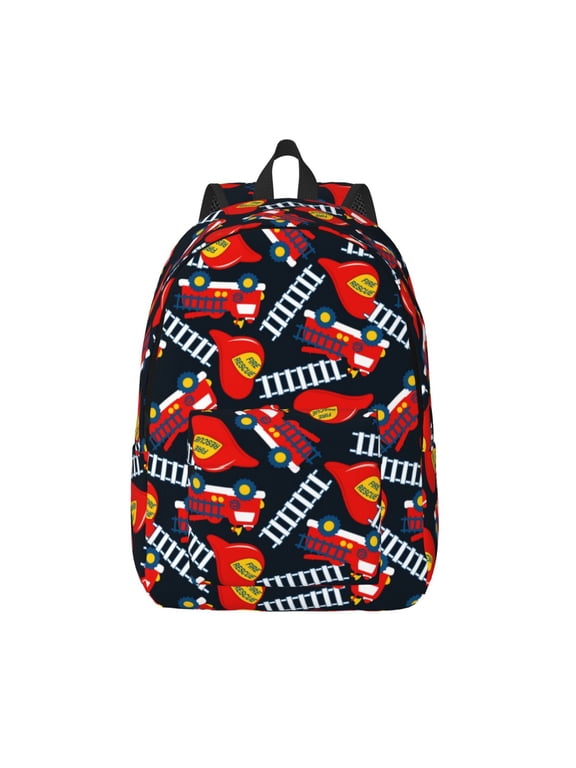 Fire Rescue With Red Helmet And Truck Print Canvas Backpack Travel Rucksack Unisex Knapsack 15.7/17.7Inch Laptop Backpack for Work,College -Small