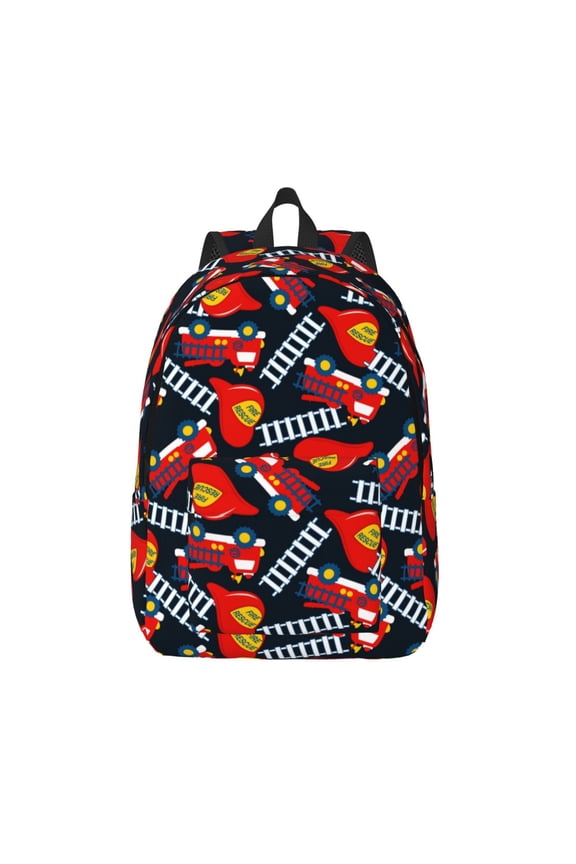 Fire Rescue With Red Helmet And Truck Print Canvas Backpack Travel Rucksack Unisex Knapsack 15.7/17.7Inch Laptop Backpack for Work,College -Small