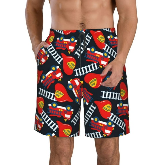 Vsdgher Fire Rescue With Red Helmet And Truck Men's Beach Shorts, Surfing shorts, Swim trunks, Quick Dry Swim Trunks for Surfing Beach Fun -3X-Large