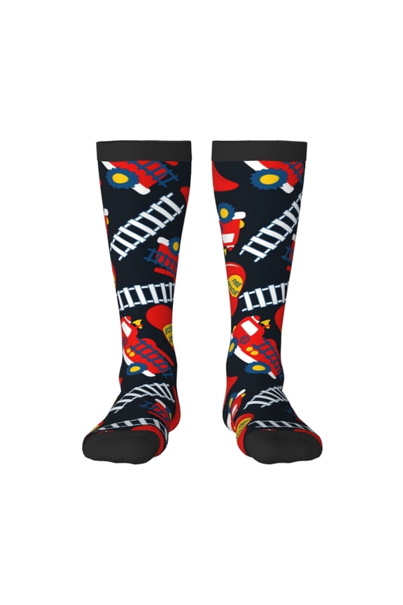 Fire Rescue With Red Helmet And Truck Print Thigh High Socks Extra Long Stretchy Sock Women Over Knee High Opaque Stocking Daily Wear
