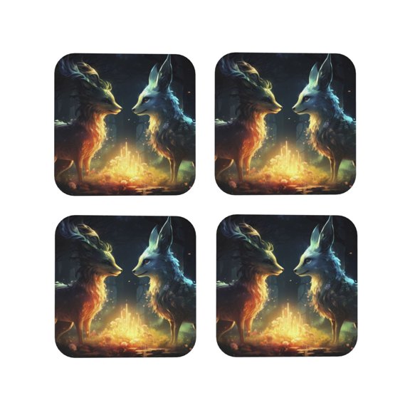 Vsdgher Firefly Forest Fox Leather Coasters for Drinks, Durable Drink Coasters 4 Set for Tabletop Protection, Luxurious Home Décor and Housewarming Gift ( {designName})Square