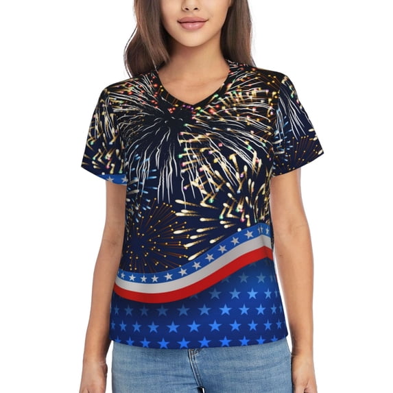 Vsdgher Fireworks Women Shirts V Neck Short Sleeve Tops T-Shirt Basic Tees, S to 3XLMedium