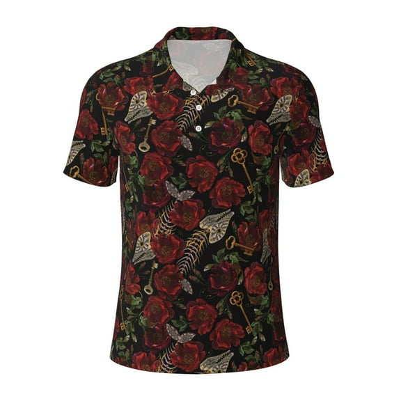 Vsdgher Fishbone Rose Print Men's Short Sleeve Stretch Polo Shirt, Moisture-Wicking Performance Polo Shirt