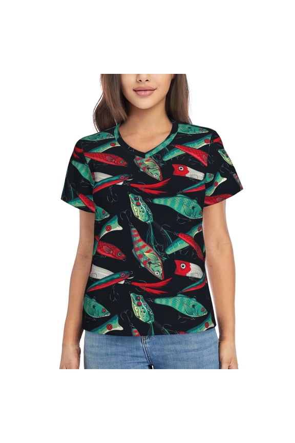 Fishing Lure Women Shirts V Neck Short Sleeve Tops T-Shirt Basic Tees, S to 3XLMedium