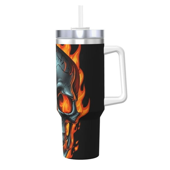 Vsdgher Flame Metal Skull Pattern 40 oz Tumbler with Handle and Straw Lid | Insulated Cup Reusable Stainless Steel Water Bottle Travel Mug | Gifts for Women Men Him Her