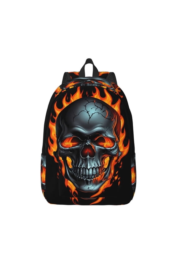 Flame Metal Skull Print Canvas Backpack Travel Rucksack Unisex Knapsack 15.7/17.7Inch Laptop Backpack for Work,College -Medium