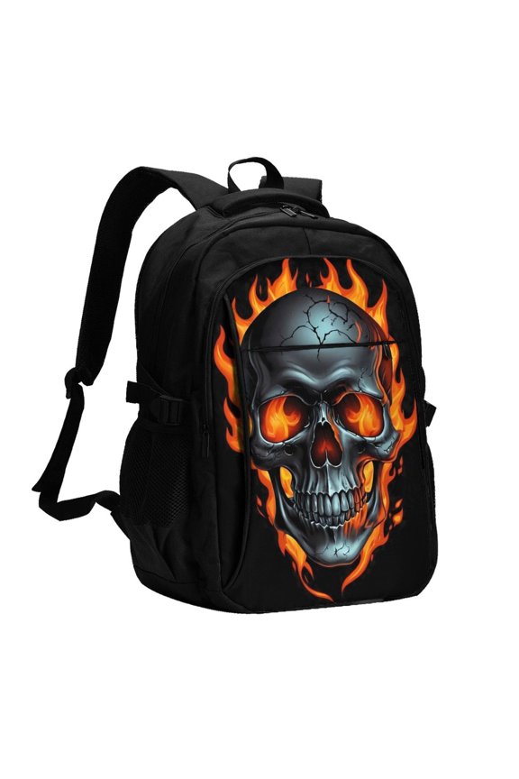 Flame Metal Skull Print Travel Laptop Backpack, Laptops Backpack with USB Charging Port, Water Resistant Computer Bag Gift for Men & Women
