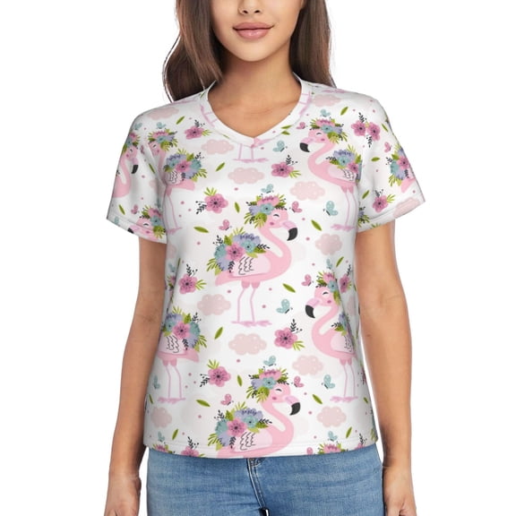 Vsdgher Flamingo And Flowers Women Shirts V Neck Short Sleeve Tops T-Shirt Basic Tees, S to 3XLSmall