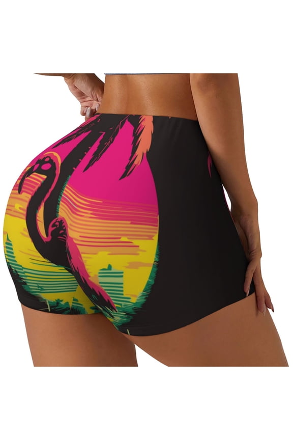 Flamingo And Palm Trees At Sunset Workout Shorts for Women Seamless Soft Smooth Gym Yoga Scrunch Active Exercise Fitness Shorts-X-Large