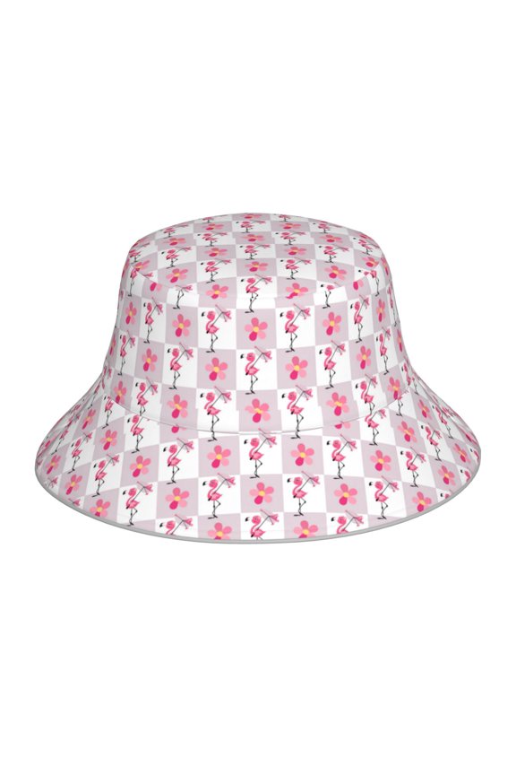 Flamingo On Checkered Print Bucket Hat for Men&Women Bucket Hat Reversible Summer Double-Side-Wear Travel Gardening, Beach, Camping, Hiking, Fishing Cap