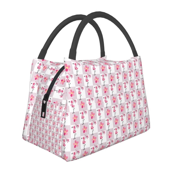 Vsdgher Flamingo On Checkered Print Insulated Reusable Bags with Sturdy Zipper and Handles, Foldable Totes for Hot or Cold Food Bring or Delivery